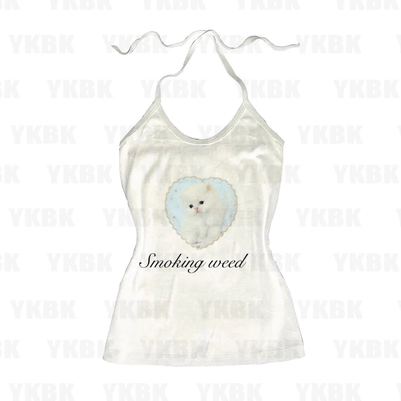 Y2k T-shir Kitty Cat Print Women Clothing Gothic Emo Cropped Harajuku