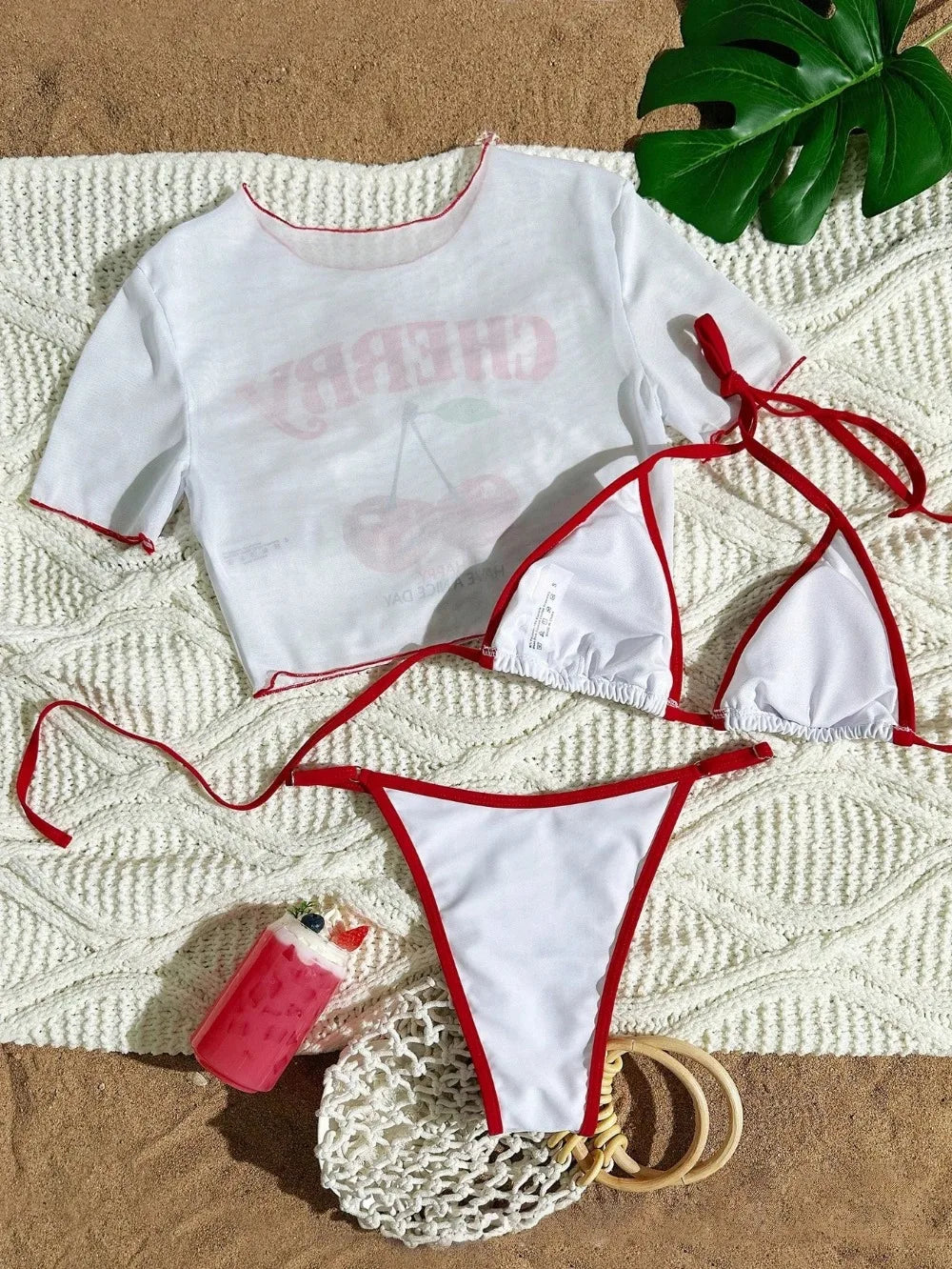 2026 New Printed Top Mesh Blouse Split Sexy Three-Piece Bikini