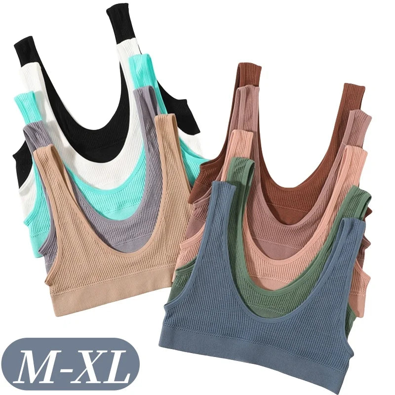 Women Seamless Bra Ribbed Sports Deep-U Shape Bralette Non-wire