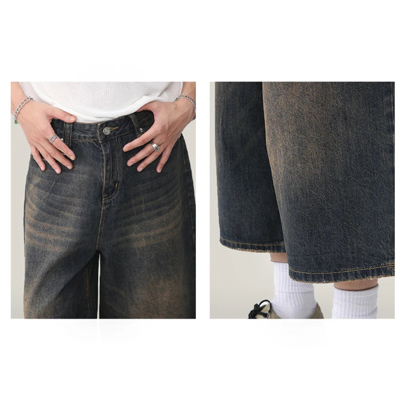Summer Men Capri Short Jeans Male Fashion Retro Blue Denim Mid Pants