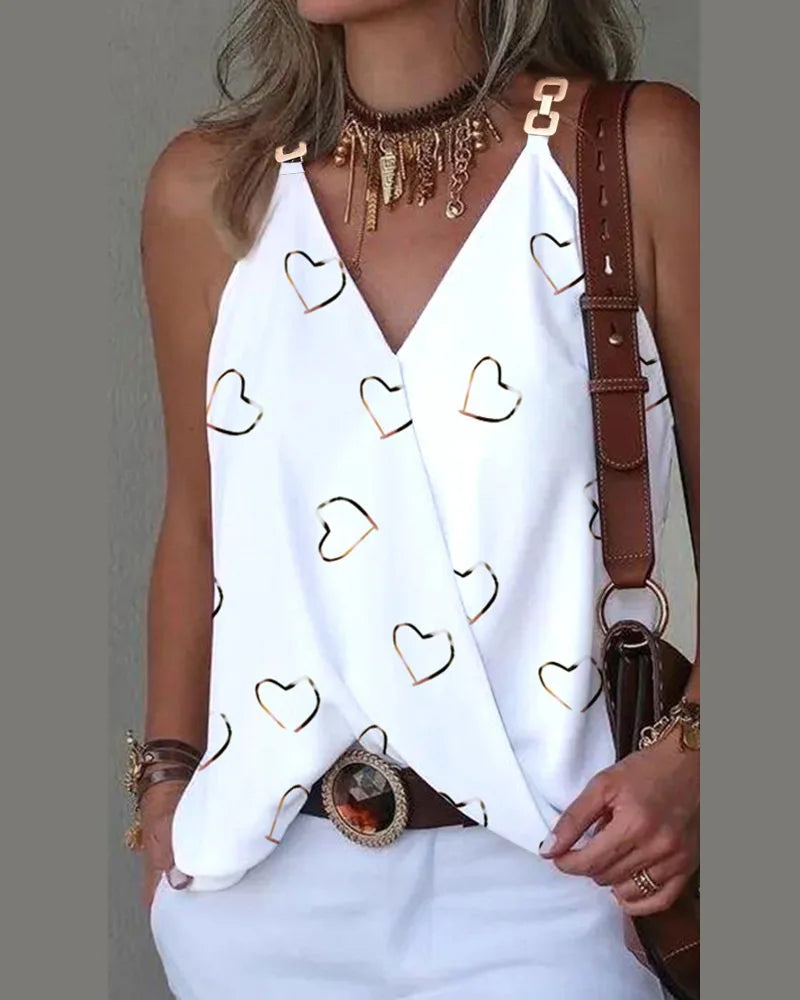 Women's Blouse White Shirts & Blouses Print Sleeveless Tops Loose V