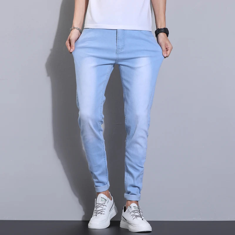 2024 Men's Autumn New High Elastic Jeans Sky Blue Fashion Slim Fit