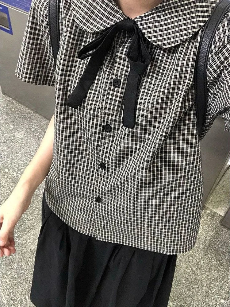 Deeptown Vintage Black Plaid Shirts Women Preppy Short Sleeve Peter