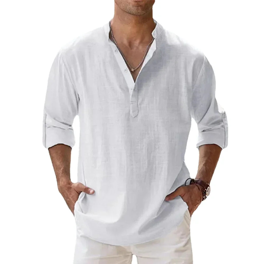 Cotton Linen Hot Sale Men's Short-Sleeved Shirts Summer Solid Color