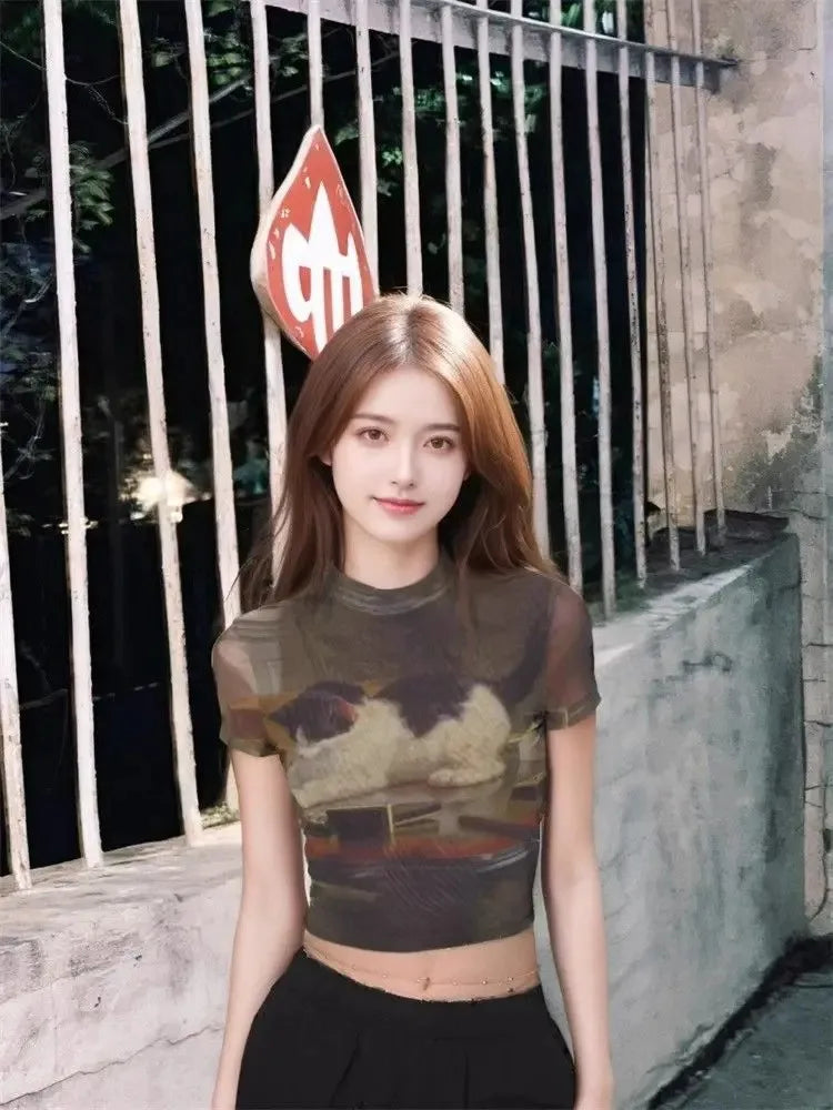 Kimutomo Y2k T Shirts Women Vintage Sexy Cartoon Cat Printed Short