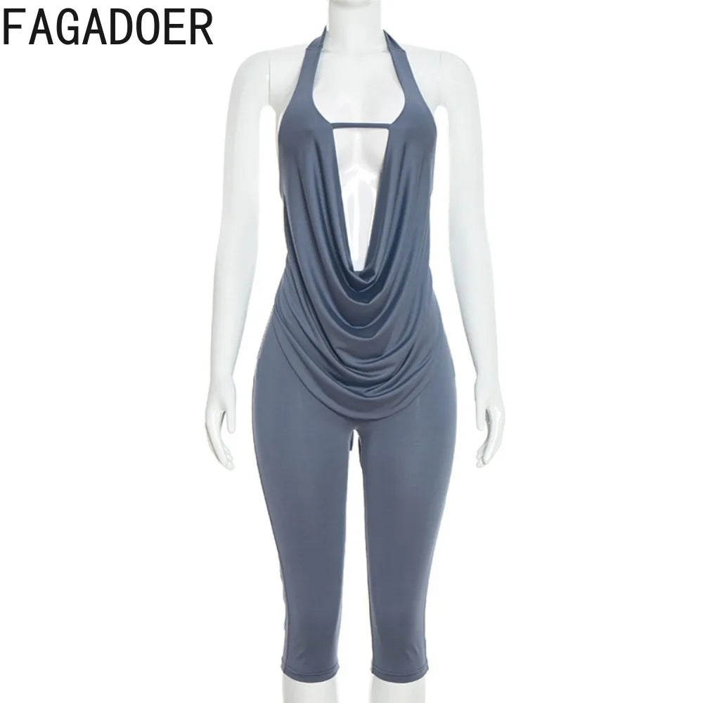 FAGADOER Sexy Solid Color 2 Pieces Set for Woman Halter Sleeveless