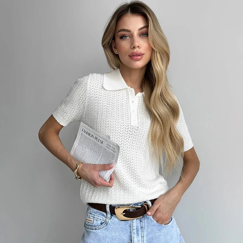 Typhaland Hollow Knitted T shirt Woman 2026 Summer New Short Sleeve