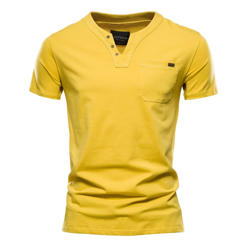2021 Summer Top Quality Cotton T Shirt Men Solid Color Design V-neck