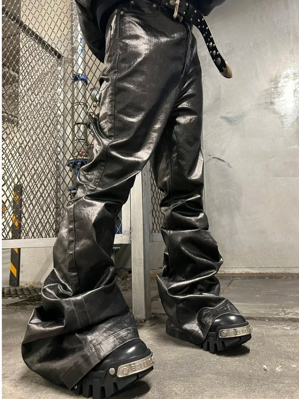High Street Wide Leg Glossy Pu Leather Pants Sashes Boot Cut Men and