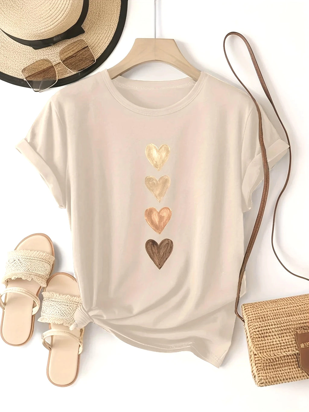 Women's Casual Short Sleeve T-Shirt with Four Heart Graphic Print -