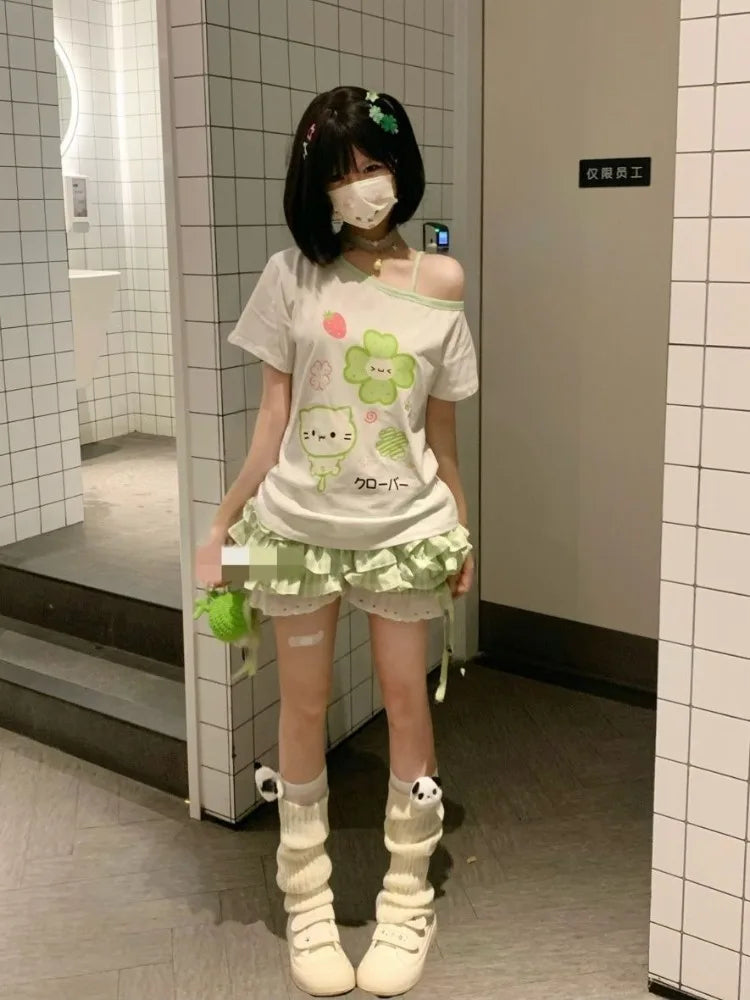 Ezgaga Harajuku T Shirts Women Cartoon Sweet Diagonal Collar Short
