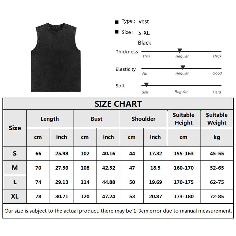 Men's Vest Vintage Washed tee 100% Cotton Tank Tops Summer Casual
