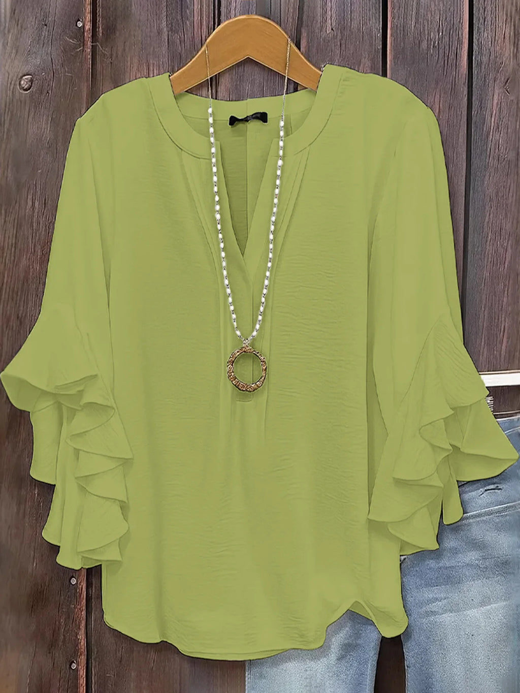 Women's V Neck Ruffle Sleeve Blouse Split Neck Layered Flare Cuff