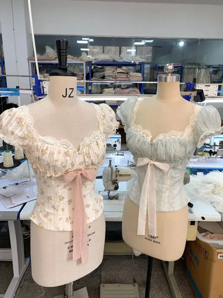 French Vintage Sweet Lace Trim Floral Blouse Women Bow Tie Front