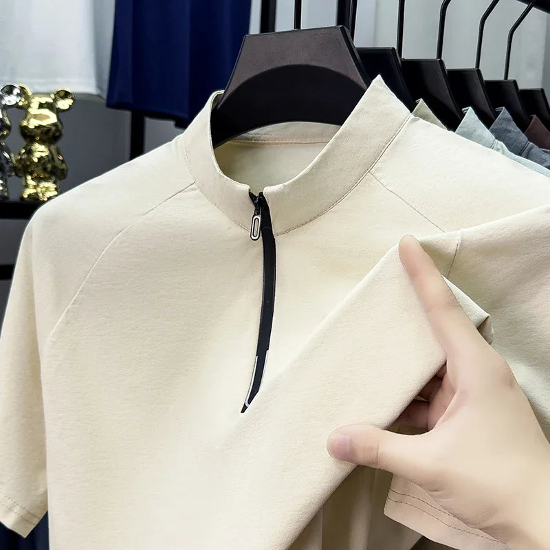 Mens Heather Melange Raglan Half Zip Mandarin Stand Collar Short