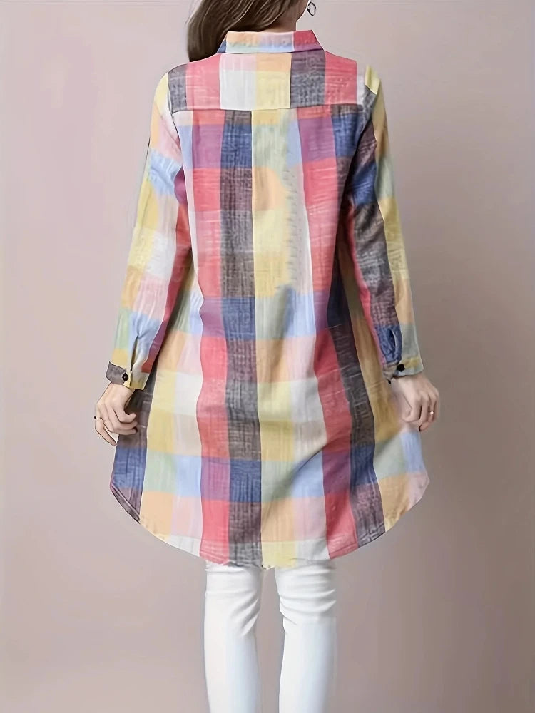 Plus Size Women's Blouses 2025 New Loose Vintage Stripe Plaid Shirt