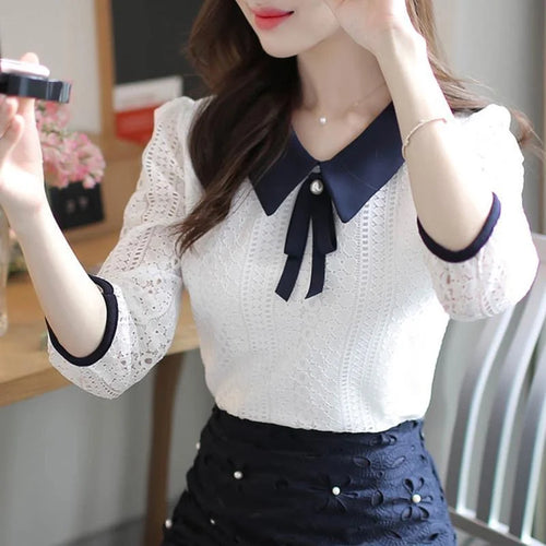 Women's Spring Autumn Style Lace Blouses Shirt Women Peter Pan Collar