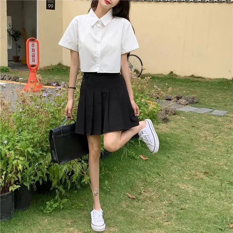 Oversize Cropped White Shirt Women Summer Short Sleeve Polo Neck