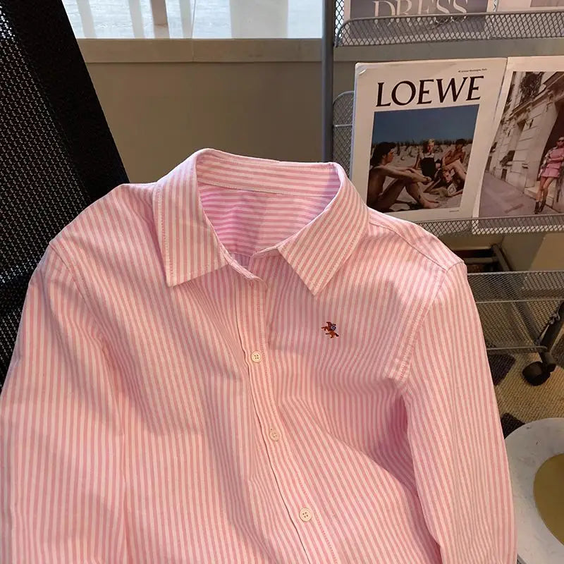 Striped Polo Neck Button Shirt Tops Long Sleeve Loose All-match High