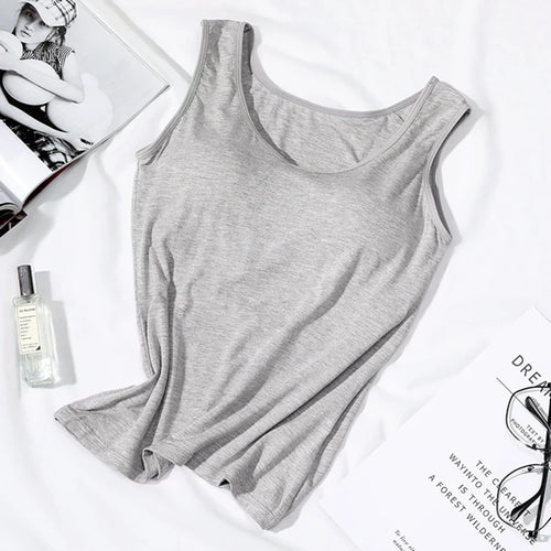 2023 Women's Vest Tops with Built In Bra Neck Vest Solid Color Padded