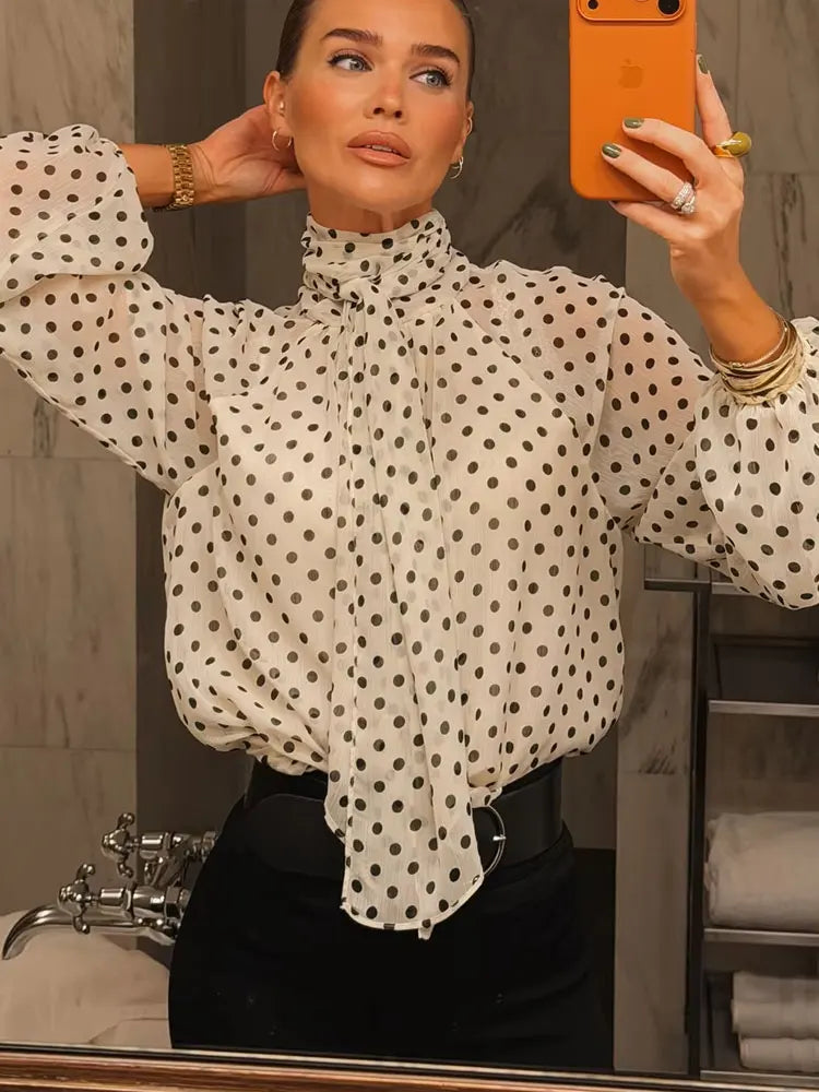 HH Women 2026 Trend Polka Dot Print Blouse Bow Scarf Collar Long