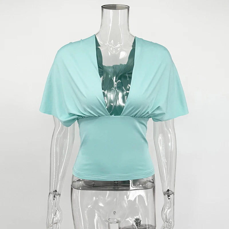 Sexy V neck Tanks Top Women Backless Lace Up Ruched Crop Top Vest Tee