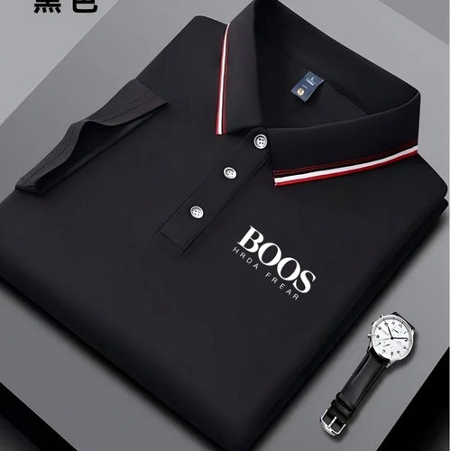 Men's business casual Polo shirt with striped collar and letter
