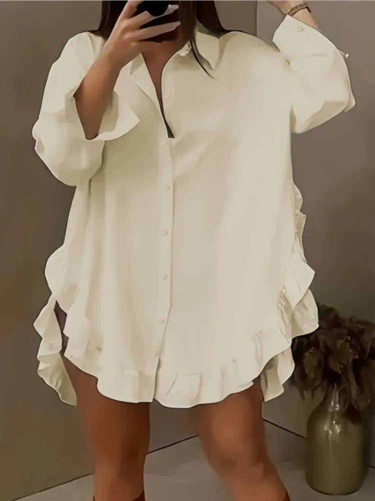 New Solid Mini Party Prom White Mini Dresses Women Falbala Lapel Long