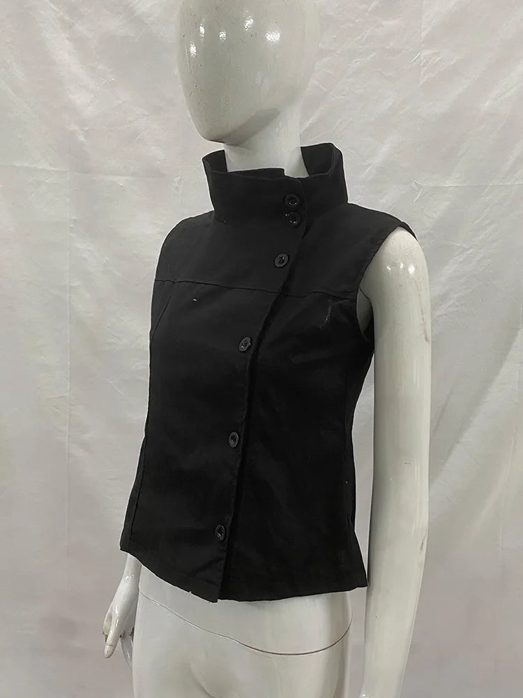 Summer Black Women's Casual Vest Stand Collar Sleeveless Diagonal