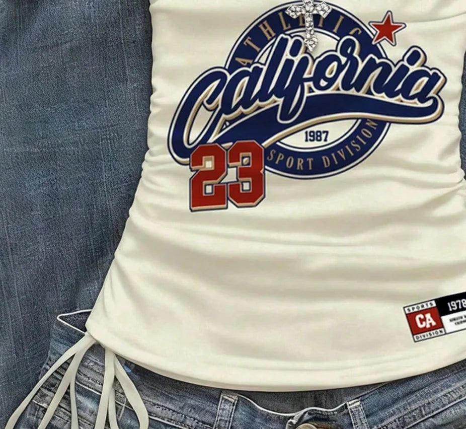 Cropped Top, Women's Summer Drawstring Tie Front Cutaway Tapered Tank