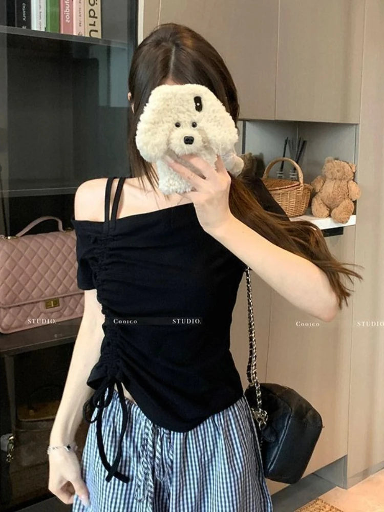 Sweet One Shoulder Drawstring Short Sleeve T Shirt Women Summer Off