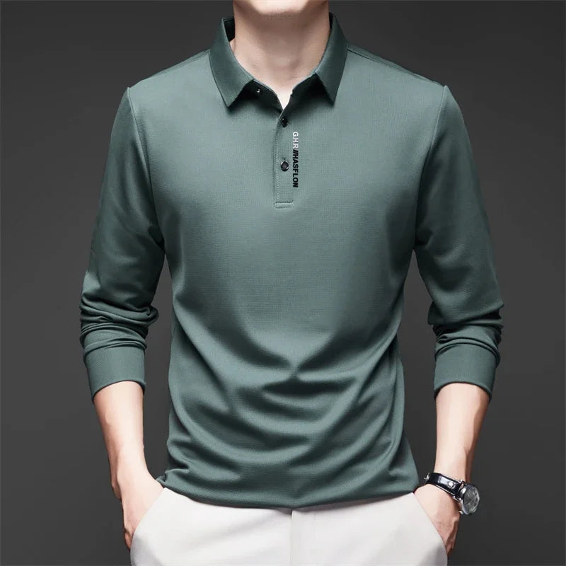 New Men's Business Casual Long Sleeved Shirt with Badge Solid Color