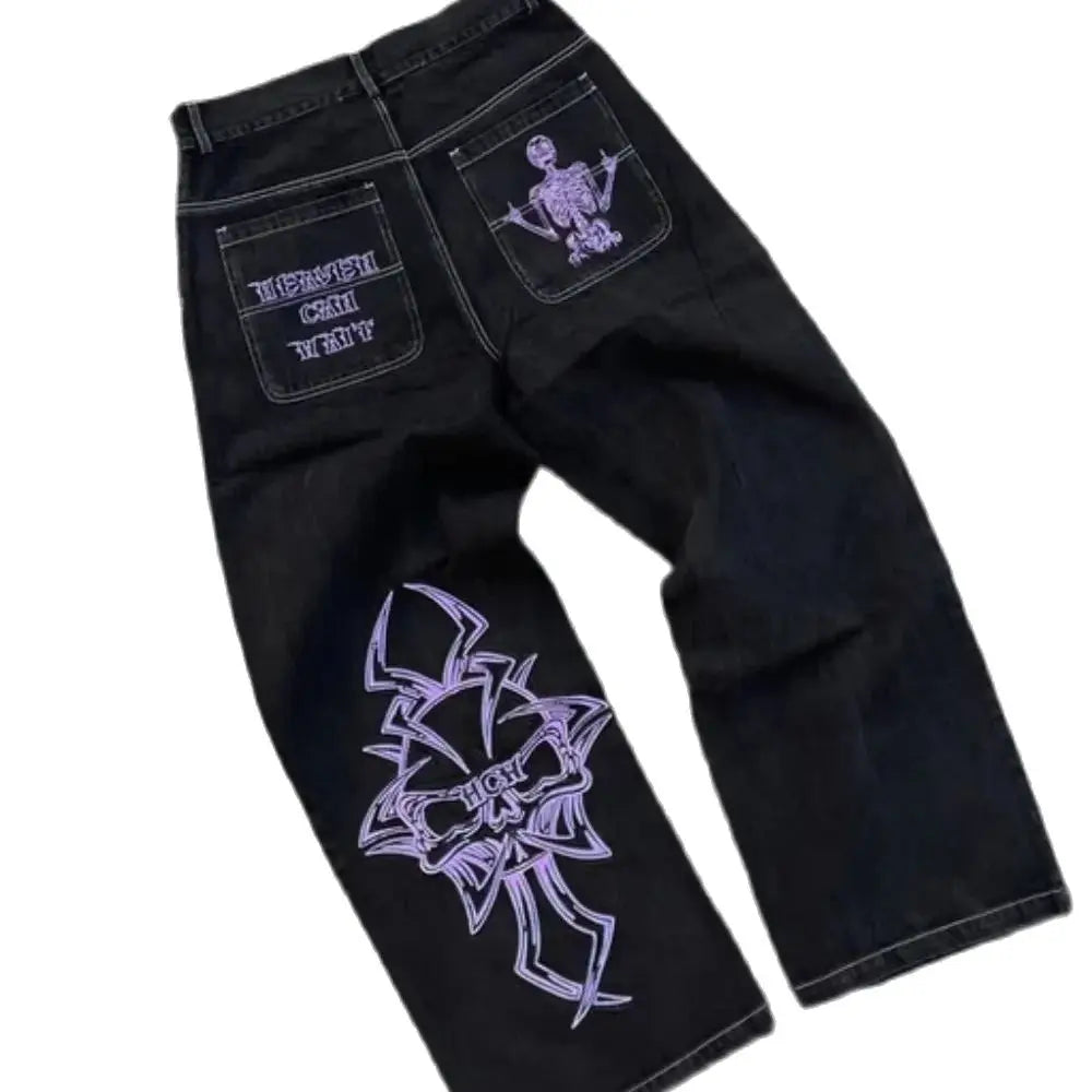 Retro Skull Embroidery Y2K Jeans Mens Hip Hop Washed Baggy Denim Pants