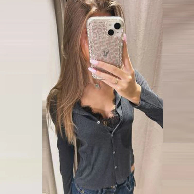 HXAO Cropped Lace Top Woman Blouses Autumn Grey Beige Shirts & Blouses