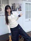 Preppy Polo Neck Plaid Long Sleeve Layered T Shirt Women Fake