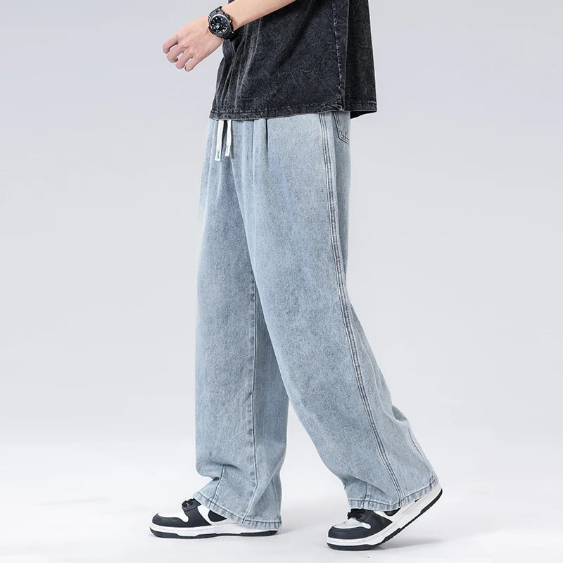 New Men's Elastic Waist Jeans Loose Wide Leg Casual Straight Long