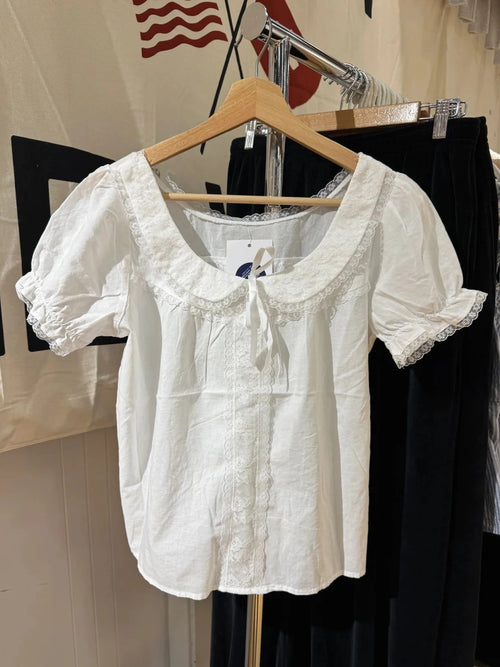 Lace Patchwork Thin T-shirt Blouse Woman Summer Bow Peter pan Collar