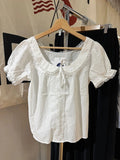 Lace Patchwork Thin T-shirt Blouse Woman Summer Bow Peter pan Collar