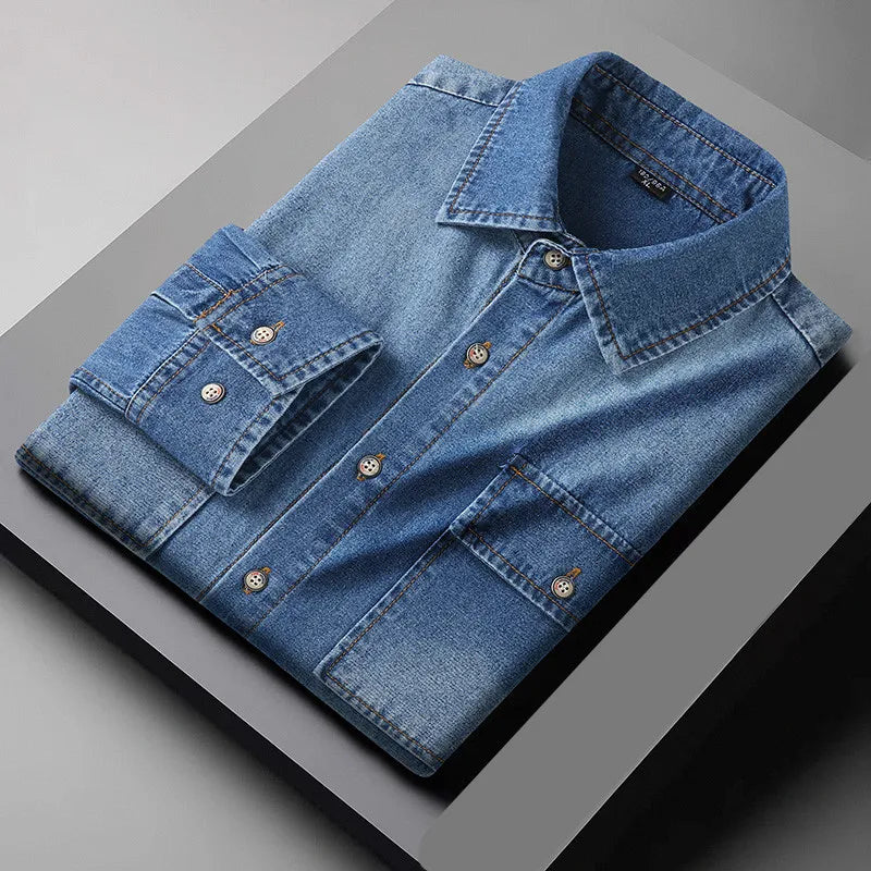 New Autumn Cotton Denim Shirts Men Slim Fit Smart Casual Solid Color