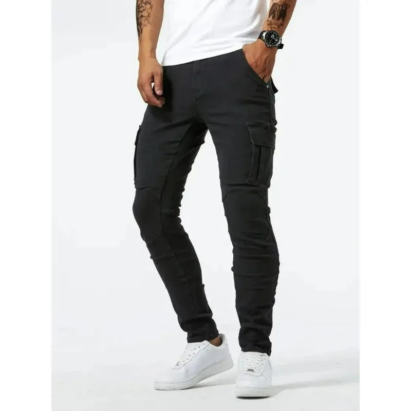 Street Elastic Jeans Men Denim Cargo Pants Wash Solid Color Multi