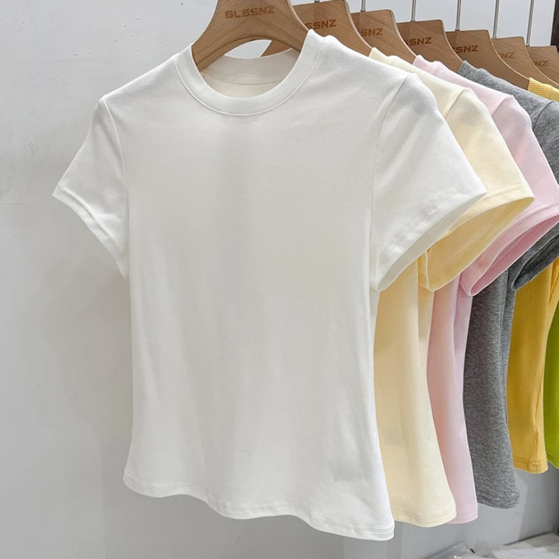 AOSSVIAO 2026 Summer Solid Color Women's Short Sleeve T-Shirt American
