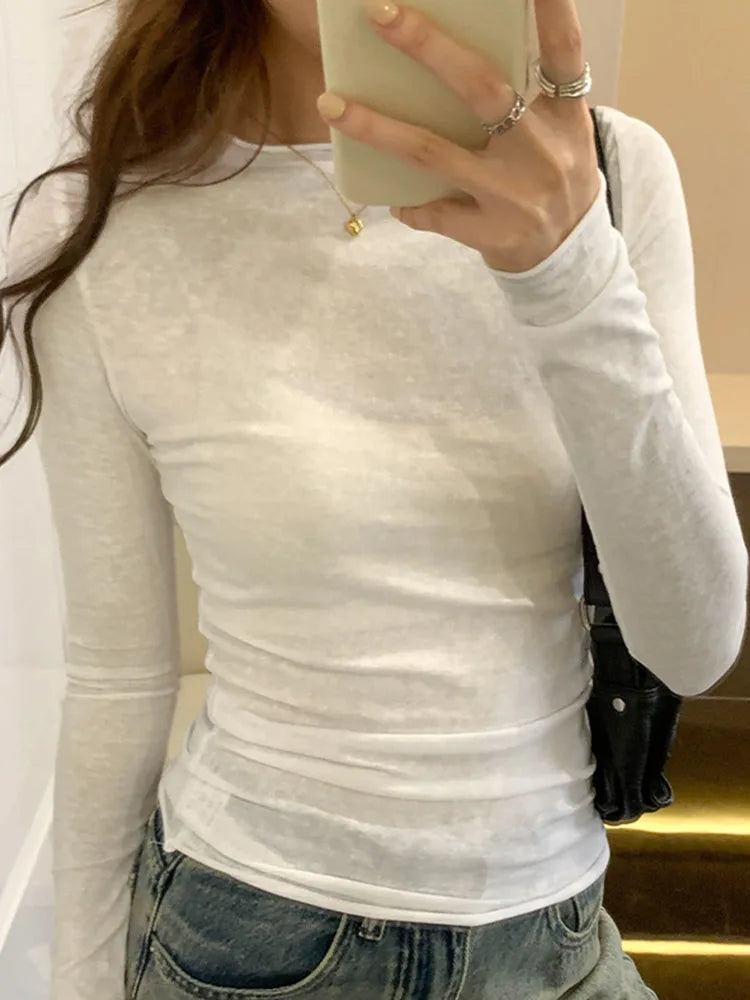 2024 Spring Autumn T shirt Women Tops Solid Slim Fit Long Sleeve O