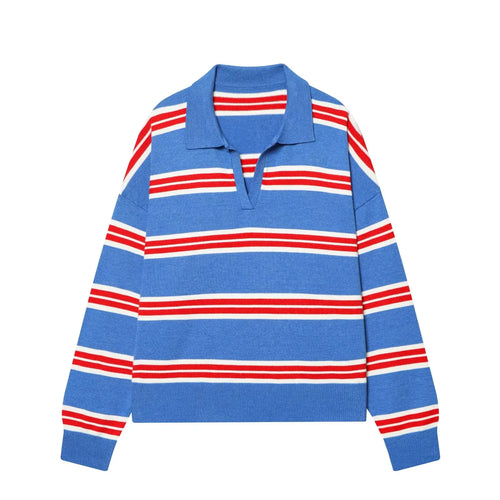 Spring 2026 Women's Polo Neck Knitted Sweater Fashion Stripes Loose