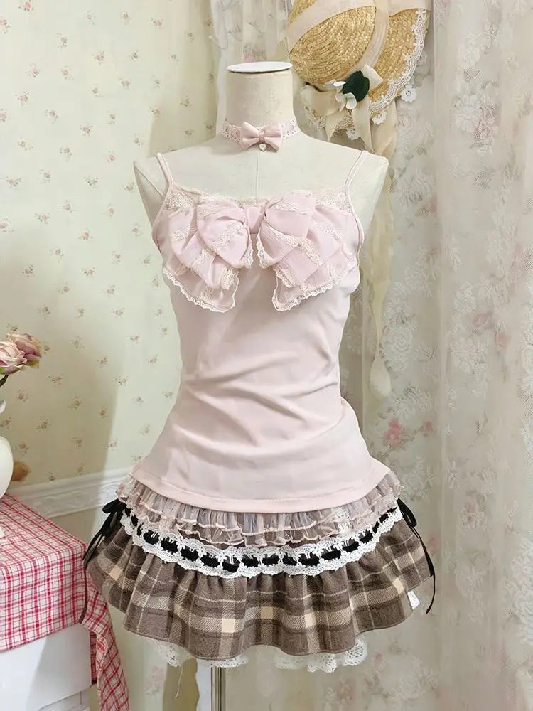 Japanese Sweet Three Piece Set Women Lace Bow Blouse + Cami Top +