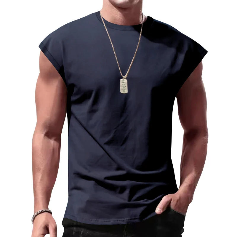 Men's Loose Short Sleeve T-Shirt round Neck Sleeveless Casual