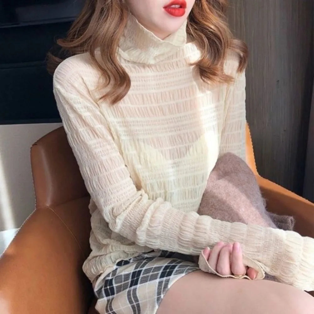 Sexy Sheer Mesh Long Sleeve Layering Top for Women Mock Neck Floral