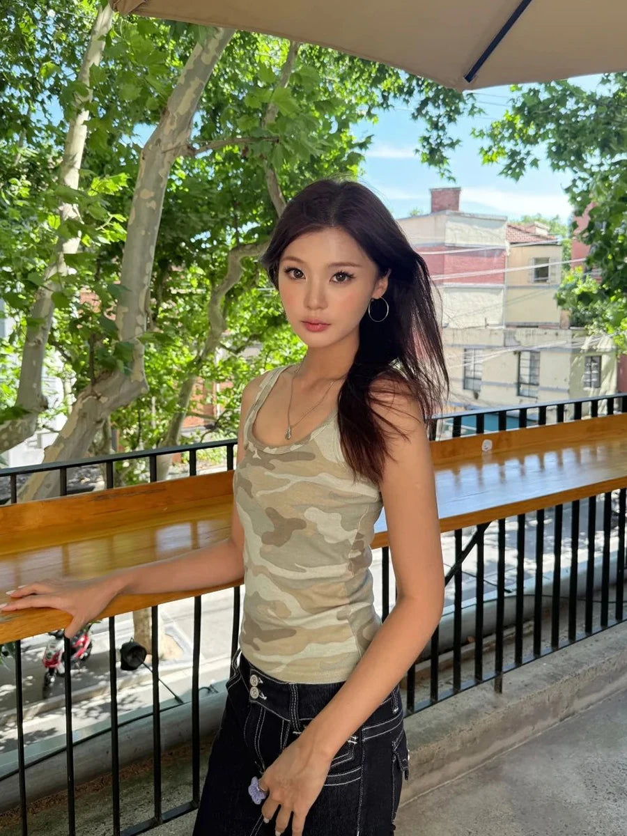 Camouflage Vintage Slim Tank Top Woman Summer U Collar Sleeveless