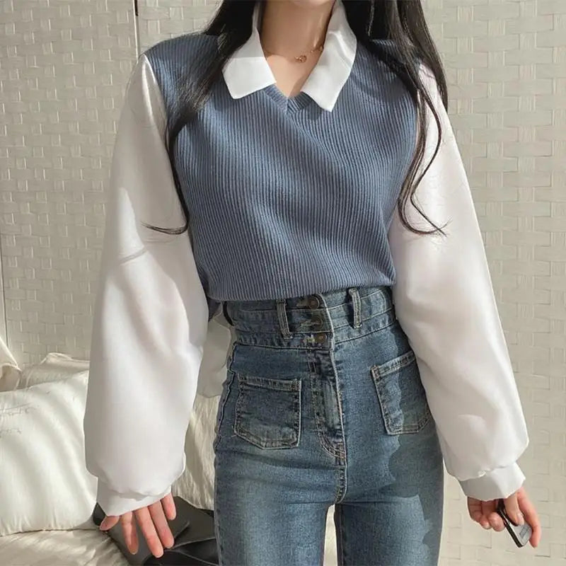 Y2k Polo Collar False Two-piece Blouse Women Spring Casual Korean