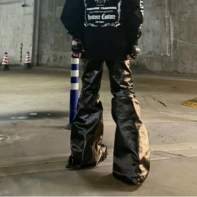 High Street Wide Leg Glossy Pu Leather Pants Sashes Boot Cut Men and