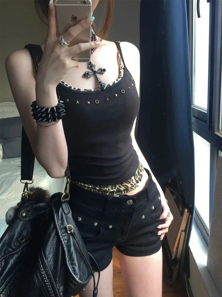 Genayooa Gothic Vintage Tank Tops Women Patchwork Leopard Fake Two